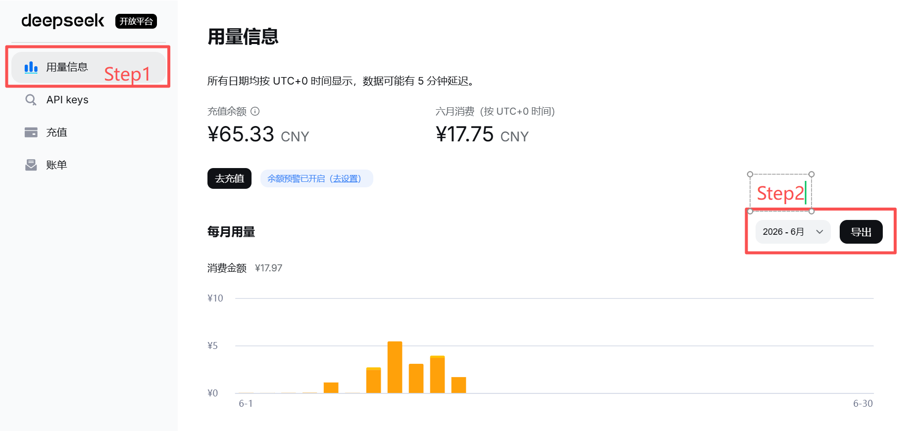 DeepSeek プラットフォームから CSV 請求書をエクスポート